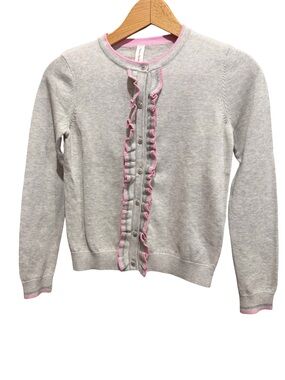 Girls' Gray Cardigan Sweater with Pink Trim